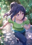  1girl :o artist_name blue_hair blue_pants collarbone commentary_request dated eyebrows_visible_through_hair green_shirt highres love_live! love_live!_sunshine!! matsuura_kanan outdoors pants ponytail purple_eyes running shamakho shirt shoes short_sleeves solo 