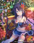  1girl :d bangs bike_shorts black_gloves black_hair black_shorts blue_eyes blue_hair blue_headwear blue_skirt blush breasts cake christmas christmas_tree cleavage elbow_gloves eyebrows_visible_through_hair falkyrie_no_monshou floating_hair flower food fork fur-trimmed_gloves fur-trimmed_skirt fur_trim gloves gradient_hair hair_between_eyes hair_flower hair_ornament hair_ribbon hat holding holding_fork jewelry long_hair looking_at_viewer medium_breasts midriff mini_hat miniskirt multicolored_hair navel necklace open_mouth print_skirt red_flower ribbon shiny shiny_hair shiny_legwear shiny_skin short_shorts shorts shorts_under_skirt sitting skirt smile solo soukuu_kizuna stomach thighhighs very_long_hair white_legwear yellow_ribbon zettai_ryouiki 