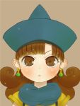  1girl :&lt; alena_(dq4) bangs blue_headwear blue_scarf blunt_bangs brown_eyes brown_hair closed_mouth curly_hair dragon_quest dragon_quest_iv earrings ebimomo eyebrows_visible_through_hair grey_background hat jewelry looking_at_viewer portrait scarf short_sleeves simple_background solo 