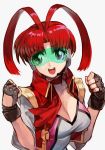  1girl :d antenna_hair bangs breasts brown_gloves cleavage collarbone eyebrows_visible_through_hair eyelashes fingerless_gloves gloves hankuri headgear large_breasts long_hair looking_at_viewer open_mouth parted_bangs red_hair scarf shiny shiny_hair simple_background smile solo upper_body utsugi_mikoto vest visor white_background yuusha_ou_gaogaigar yuusha_series 