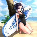  1girl absurdres against_tree armpits barefoot beach black_swimsuit blue_hair breasts breasts_apart butterfly_hair_ornament casual_one-piece_swimsuit cleavage cloud cloudy_sky covered_navel day erdongjinming full_body hair_intakes hair_ornament highleg highleg_swimsuit highres kimetsu_no_yaiba kneeling kochou_shinobu lens_flare looking_at_viewer medium_breasts ocean one-piece_swimsuit outdoors palm_tree shiny shiny_hair short_hair_with_long_locks sidelocks sky solo surfboard swimsuit tree 