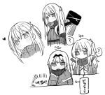  3girls ? an-94_(girls_frontline) bangs blush detached_sleeves embarrassed eyebrows_visible_through_hair girls_frontline greyscale hair_ornament hairband heart jacket long_hair long_sleeves m4a1_(girls_frontline) mask mask_removed mod3_(girls_frontline) monochrome multiple_girls st_ar-15_(girls_frontline) standing translation_request tsuka 