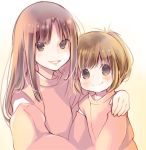  2girls arm_over_shoulder brown_eyes brown_hair child closed_mouth copyright_request detached_sleeves hug kuga_tsukasa long_hair looking_at_viewer multiple_girls smile sweater 