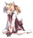  1girl animal_ear_fluff animal_ears arknights bangs barefoot black_gloves blonde_hair eyebrows_visible_through_hair fang gloves highres looking_at_viewer mage_(335656) necktie open_mouth red_eyes shirt short_hair sitting solo sora_(arknights) tail twintails wariza white_background white_shirt 