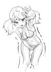  1girl arm_up bangs bare_shoulders between_legs bikini blush breasts breath cleavage collarbone commentary_request cropped_legs embarrassed greyscale hand_between_legs have_to_pee long_hair looking_at_viewer lowres mal_(malmlamal) medium_breasts monochrome navel nose_blush open_mouth original outstretched_arm simple_background skindentation solo standing stomach swimsuit tied_hair trembling twintails white_background 