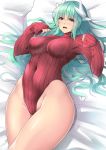  1girl alternate_costume aqua_hair breasts covered_navel dragon_girl dragon_horns fate/grand_order fate_(series) highleg highleg_leotard horns impossible_clothes impossible_leotard kirisaki_byakko kiyohime_(fate/grand_order) leotard long_sleeves lying medium_breasts meme_attire multiple_horns on_back red_leotard red_sweater ribbed_leotard solo sweater turtleneck turtleneck_leotard turtleneck_sweater uniqlo yellow_eyes 