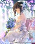  1girl bangs blue_flower blurry blurry_background bouquet breasts brown_hair cleavage closed_mouth dress eyebrows_visible_through_hair falkyrie_no_monshou flower gloves hair_between_eyes holding holding_bouquet indoors jewelry large_breasts long_dress necklace purple_flower short_hair sitting sleeveless sleeveless_dress solo soukuu_kizuna striped striped_dress wedding_dress white_dress white_gloves yellow_eyes 