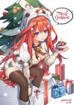  1girl ahoge alternate_costume bangs bell black_legwear blue_eyes blush boots breasts cake candle christmas christmas_cake christmas_ornaments christmas_tree cleavage food gift go-toubun_no_hanayome hair_ornament highres jingle_bell large_breasts long_sleeves looking_at_viewer nakano_itsuki neck_ribbon piyo_(pixiv_2308057) pom_pom_(clothes) red_hair ribbon sidelocks simple_background sitting smile snowman snowman_costume solo star star_hair_ornament sweater thighhighs uesugi_fuutarou white_background white_legwear zettai_ryouiki 