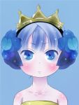  1girl bangs bare_shoulders blue_background blue_eyes blue_hair blush closed_mouth crown ebimomo eyebrows_visible_through_hair gwendolyn hairband looking_at_viewer odin_sphere short_hair simple_background solo 