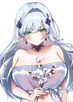  1girl alraco bandeau bangs bare_shoulders blush breasts cleavage collarbone girls_frontline green_eyes highres hk416_(girls_frontline) large_breasts long_hair looking_at_viewer shirt silver_hair simple_background solo tied_shirt white_background 