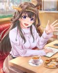  1girl :d absurdres ahoge alternate_costume ayakase_hotaru belt black_belt blush book booth brown_hair brown_skirt cafe cup double_bun earrings food hairband headgear heart heart_necklace highres indoors jewelry kantai_collection kongou_(kantai_collection) long_hair long_sleeves looking_at_viewer nail_polish open_book open_mouth pink_sweater purple_eyes purple_shirt red_nails remodel_(kantai_collection) ring scone shirt signature sitting skirt smile solo spoon sweater table tea teacup watch waving wristwatch 