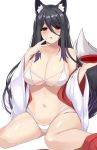  1girl :o animal_ears bare_shoulders bikini black_hair breasts cleavage collarbone cup fox_ears fox_girl fox_tail hair_between_eyes highres holding large_breasts long_hair looking_at_viewer mole mole_under_eye multi-strapped_bikini navel original parted_lips red_eyes sakazuki simple_background sitting sogaya solo stomach swimsuit tail thighs v very_long_hair wariza white_background white_bikini wide_sleeves 