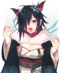  1girl animal_ears black_hair breasts choker claw_pose cleavage dragon_ears earrings eyebrows_visible_through_hair eyes_visible_through_hair gradient_hair green_eyes hair_ornament hair_over_one_eye hairpin japanese_clothes jewelry kimono multicolored_hair ngtr_kaina obi open_mouth puzzle_&amp;_dragons red_hair ringed_eyes roche_(p&amp;d) sash stud_earrings tongue tongue_out 
