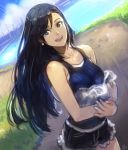  1girl bangs black_eyes black_hair cutoffs day dutch_angle earrings highres jewelry long_hair looking_at_viewer okuto open_mouth original outdoors power_lines shorts signature solo tank_top 