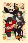  1girl bad_id bad_tumblr_id black_hair blue_eyes bowl chasing chinese_clothes commentary food fuurinkan_high_school_uniform hibiki_ryouga kettle multiple_boys ngop noodles okonomiyaki omelet p-chan panda piglet ramen ranma_1/2 rice rice_bowl running saotome_genma saotome_ranma school_uniform short_braid sleeves_rolled_up symbol_commentary tangzhuang tendou_akane tendou_souun 