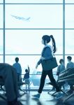  2boys 3girls aircraft airplane airport backlighting bag blue_theme blurry blurry_foreground chair child converse denim depth_of_field handbag high_ponytail highres indoors jacket jeans long_hair love_live! love_live!_school_idol_project love_live!_sunshine!! matsuura_kanan monochrome multiple_boys multiple_girls pants papi_(papiron100) pointing ponytail profile shadow short_hair shoulder_bag sidelocks signature skirt smile walking window 