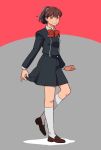  1girl bow brown_hair commentary_request female_protagonist_(persona_3) hair_ornament hairclip ine_(goin) looking_at_viewer persona persona_3 persona_3_portable red_eyes school_uniform short_hair simple_background skirt smile solo 