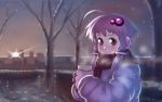  1girl ahoge closed_mouth coat cup hair_ornament looking_at_viewer purple_eyes purple_hair short_hair_with_long_locks solo soon tree vocaloid winter_clothes yuzuki_yukari 