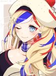  1girl anchor_hair_ornament bangs beret blonde_hair blue_hair border brown_background commandant_teste_(kantai_collection) commentary_request hair_ornament hat highres kantai_collection kozu_(bloomme1_me) long_hair looking_at_viewer multicolored multicolored_clothes multicolored_hair multicolored_scarf one_eye_closed plaid plaid_scarf pom_pom_(clothes) ponytail red_hair scarf solo streaked_hair swept_bangs twitter_username upper_body wavy_hair white_border 