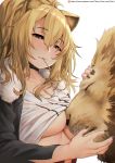  1girl animal animal_ears arknights assisted_exposure bangs black_choker black_jacket black_nails blonde_hair blush breasts brown_eyes candy choker cleavage closed_mouth eyebrows_visible_through_hair fang fang_out food food_in_mouth fur-trimmed_jacket fur_trim half-closed_eyes highres jacket large_breasts lion lion_ears lion_girl lollipop long_hair long_sleeves mouth_hold nail_polish open_clothes open_jacket petting shirt_lift siege_(arknights) simple_background smile solo thore_(nathalukpol) underboob upper_body watermark web_address white_background 