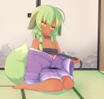  1girl animal_ears bangs bare_shoulders barefoot blush braid breasts budget_sarashi closed_mouth collar collarbone commentary_request dark_skin dog_collar dog_ears dog_girl dog_tail done_(donezumi) ears_down eyebrows_visible_through_hair green_hair hair_between_eyes head_tilt highres indoors japanese_clothes kimono large_tail long_hair long_sleeves looking_at_viewer off_shoulder on_floor open_clothes open_kimono orange_eyes original purple_kimono red_collar sarashi sitting sliding_doors small_breasts solo tail tatami titi-chan_(nezumi_inu) wariza wide_sleeves 