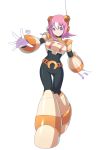  1girl android breasts full_body hair_between_eyes headset highres microphone multicolored_hair nana_(rockman) official_style outstretched_arm pink_hair purple_eyes robot_ears rockman rockman_x short_hair shoutaro_saito signature simple_background smile solo standing two-tone_hair white_background white_hair 