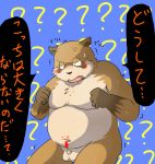  2010 ? anthro balls belly blush bodily_fluids brown_body brown_fur canid canine fur genitals humanoid_hands japanese_text kemono male mame_taro mammal moobs navel overweight overweight_male penis raccoon_dog small_penis solo sweat tanuki text 