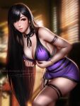  1girl adjusting_clothes alternate_costume armlet artist_name black_hair blurry blurry_background bracelet breasts cleavage covered_navel curtains dress earrings final_fantasy final_fantasy_vii final_fantasy_vii_remake highres jewelry leaning_forward liang_xing long_hair looking_at_viewer neck_ribbon patreon_username purple_dress ribbon signature smile solo sunlight thigh_strap tifa_lockhart watermark web_address 