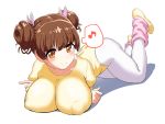  1girl breasts brown_eyes brown_hair collarbone commentary_request double_bun eighth_note fujinoki_nene full_body gussuripii hair_ornament hajimete_no_gal highres impossible_clothes impossible_leotard large_breasts leg_warmers leotard long_hair lying musical_note on_stomach simple_background solo spoken_musical_note white_background white_legwear yellow_footwear yellow_leotard 