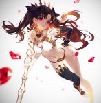  1girl bandeau bare_shoulders black_gloves black_hair black_legwear breasts cleavage earrings elbow_gloves fajyobore323 fate/grand_order fate_(series) gloves grin highres ishtar_(fate)_(all) ishtar_(fate/grand_order) jewelry long_hair looking_at_viewer navel red_eyes sleeveless smile solo strapless thighhighs weapon 