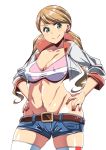  1girl belt brown_hair commentary_request covered_nipples cropped_jacket earrings green_eyes gundam gundam_tekketsu_no_orphans hands_on_hips jewelry lafter_frankland satsuki_imonet short_shorts shorts smile sports_bra thighhighs twintails white_background 