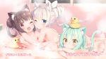  3girls :&lt; ;) ;3 alternate_hairstyle animal_ear_fluff animal_ears artist_name bangs bath bathroom bathtub blue_eyes blunt_bangs body_blush breasts brown_eyes brown_hair cacao_(nekopara) cat_ears cat_girl cat_tail cheek-to-cheek child chocola_(sayori) closed_mouth collarbone convenient_censoring dot_nose end_card expressionless eyebrows_visible_through_hair eyelashes eyes_visible_through_hair fang feet_up from_side green_hair hair_between_eyes hair_bun hair_up hand_on_another&#039;s_back hand_on_another&#039;s_shoulder head_rest highres hug indoors light_brown_eyes multiple_girls nekopara nude on_head one_eye_closed open_mouth partially_submerged peko petals petals_on_liquid rose_petals rubber_duck screencap shared_bathing shiny shiny_skin short_hair sideboob sidelocks sitting skin_fang slit_pupils small_breasts smile soles steam tail tareme towel towel_on_head tsurime vanilla_(sayori) water wet white_hair window yellow_eyes 