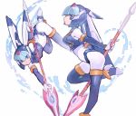  1girl android blue_eyes bodysuit boots breasts helmet high_heels holding holding_weapon leg_up leviathan_(rockman) medium_breasts multiple_views nemo_(leafnight) polearm profile rockman rockman_zero simple_background smile solo spear thigh_boots thighhighs weapon 