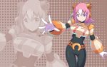  1girl android breasts hair_between_eyes headset microphone multicolored_hair nana_(rockman) official_style outstretched_arm pink_hair purple_eyes robot_ears rockman rockman_x short_hair shoutaro_saito smile solo two-tone_hair wallpaper white_hair zoom_layer 