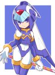  1girl android blue_background blue_eyes breasts cowboy_shot facing_viewer gloves helmet highres holding leviathan_(rockman) light_smile omeehayo rockman rockman_zero simple_background small_breasts solo weapon white_gloves 