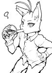  ? beverage bubble_tea clothing domestic_cat dress_shirt felid feline felis gentleman hi_res kori-nio looking_at_viewer male mammal monochrome morenatsu pose questioning_look shin_(morenatsu) shirt straw tea topwear 