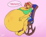  2020 absurd_res anthro anthrofied belly big_belly big_breasts blue_eyes bottomwear breasts chango-tan cleavage clothed clothing dialogue english_text equestria_girls equid female hi_res horn hyper hyper_pregnancy jewelry mammal my_little_pony necklace nipple_outline pendant pregnant rocking_chair shorts sitting solo sunset_shimmer_(eg) text unicorn 