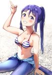  1girl arm_up bangs bare_arms bare_shoulders bikini blush breasts cleavage collarbone commentary_request eyebrows_visible_through_hair front-tie_bikini front-tie_top grin hair_between_eyes long_hair looking_at_viewer love_live! love_live!_sunshine!! matsuura_kanan medium_breasts navel ponytail purple_eyes purple_hair shaka_(staito0515) sitting smile solo striped striped_bikini swimsuit very_long_hair wet wetsuit 