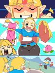  1boy 2girls ? ass blonde_hair blue_eyes blush_stickers circlet commentary_request curvy dress forehead grin highres huge_ass link long_hair multiple_girls musical_note one_eye_closed pointy_ears princess_zelda smile squarewave surprised the_legend_of_zelda the_legend_of_zelda:_breath_of_the_wild wide_hips wig 