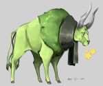  2016 alternate_color black_scarf bull commentary creature defiant_drills english_commentary from_side full_body gen_1_pokemon green_theme grey_background horns multiple_tails no_humans pokemon pokemon_(creature) profile scarf shiny_pokemon signature simple_background solo standing star tail tauros 