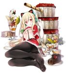  1girl :d animal_ears azur_lane black_legwear blonde_hair breasts cake capelet cat_ear_headphones cat_ears christmas concord_(azur_lane) concord_(sweet_christmas)_(azur_lane) fake_animal_ears feet food fur_trim headphones highres large_breasts merry_christmas mole mole_under_eye no_shoes official_art oouso open_mouth panties panties_under_pantyhose pantyhose red_eyes santa_costume skirt smile star star-shaped_pupils symbol-shaped_pupils thighband_pantyhose transparent_background twintails underboob underwear 