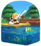  1boy ayumi_(830890) blonde_hair brown_footwear bug butterfly cucco fish fishing grass green_headwear green_tunic highres insect link looking_at_another pants pond seaweed sleeping the_legend_of_zelda the_legend_of_zelda:_link&#039;s_awakening tree white_pants 