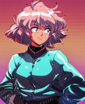  1990s_(style) 1girl big_hair blue_eyes blue_jacket breasts buttons commentary david_liu english_commentary eyebrows_visible_through_hair film_grain hands_in_pockets highres jacket looking_afar medium_breasts pi_(space_maria) pink_hair short_hair smile solo space_maria upper_body 