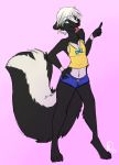  2013 anthro blue_eyes bottomwear breasts clothed clothing female hair mammal maskedpuppy mephitid navel niteskunk pink_background shorts simple_background skunk solo standing tongue tongue_out white_hair 