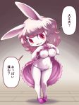  2017 anthro blush breasts camel_toe clothing female footwear japanese_text lagomorph leporid mammal navel nipples nollety open_mouth presenting presenting_breasts rabbit red_eyes shoes smile solo standing text white_body 