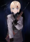  1girl 73suke absurdres black_gloves blonde_hair blood blood_on_face blue_eyes character_name closed_mouth coat commentary copyright_name gloves grey_coat gun gunslinger_girl highres holding holding_gun holding_weapon long_sleeves looking_at_viewer rico_(gunslinger_girl) rifle short_hair smile sniper_rifle solo weapon 