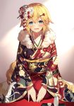  1girl :d akae_neo bangs black_kimono blonde_hair blue_eyes blush braid commentary_request eyebrows_visible_through_hair fate/grand_order fate_(series) fur_collar hair_between_eyes highres japanese_clothes jeanne_d&#039;arc_(fate) jeanne_d&#039;arc_(fate)_(all) kimono long_hair long_sleeves looking_at_viewer obi open_mouth print_kimono red_kimono sash seiza sitting smile solo very_long_hair wide_sleeves 