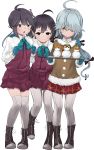 3girls absurdres ahoge black_ribbon blue_gloves blue_neckwear boots bow bowtie braid brown_eyes cross-laced_footwear dress fujinami_(kantai_collection) full_body gegeron gloves grey_hair grey_legwear hair_over_eyes hair_ribbon hamanami_(kantai_collection) hayanami_(kantai_collection) highres kantai_collection lace-up_boots long_hair long_sleeves looking_at_another looking_at_viewer mittens multiple_girls pantyhose pleated_dress ponytail purple_dress purple_hair ribbon school_uniform seamed_legwear shirt short_hair side-seamed_legwear side_ponytail sidelocks single_braid smile snowman thighhighs white_ribbon white_shirt yellow_eyes 