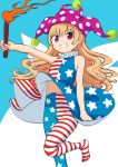  1girl adapted_costume alternate_eye_color american_flag_dress american_flag_legwear bangs blonde_hair blue_background clownpiece dress eyebrows_visible_through_hair fairy_wings grin hat highres jester_cap leg_up long_hair looking_at_viewer multicolored multicolored_background navel neck_ruff nobori_ranzu outline outstretched_arm pantyhose polka_dot purple_eyes purple_headwear sharp_teeth sidelocks skinny skirt_hold sleeveless sleeveless_dress smile solo teeth torch touhou white_background wings 