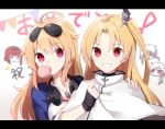  &gt;_&lt; 2girls :d aa_(sin2324) ahoge anchor anchor_hair_ornament azur_lane bangs birmingham_(azur_lane) black_choker black_gloves blonde_hair blue_hairband blue_jacket blurry blurry_background breasts bubble_blowing cameo capelet chewing_gum choker cleveland_(azur_lane) columbia_(azur_lane) commentary_request denver_(azur_lane) dog_tags eyebrows_visible_through_hair eyewear_on_head fingerless_gloves gloves grin hair_ears hair_flaps hair_ornament hairband hairclip hand_on_another&#039;s_shoulder hand_up headphones headphones_around_neck jacket jitome large_breasts long_hair looking_at_viewer low_twintails montpelier_(azur_lane) multiple_girls one_side_up open_mouth parted_bangs raglan_sleeves red_eyes sidelocks small_breasts smile star star_print sunglasses translation_request twintails upper_body white_background white_capelet white_hair xd 